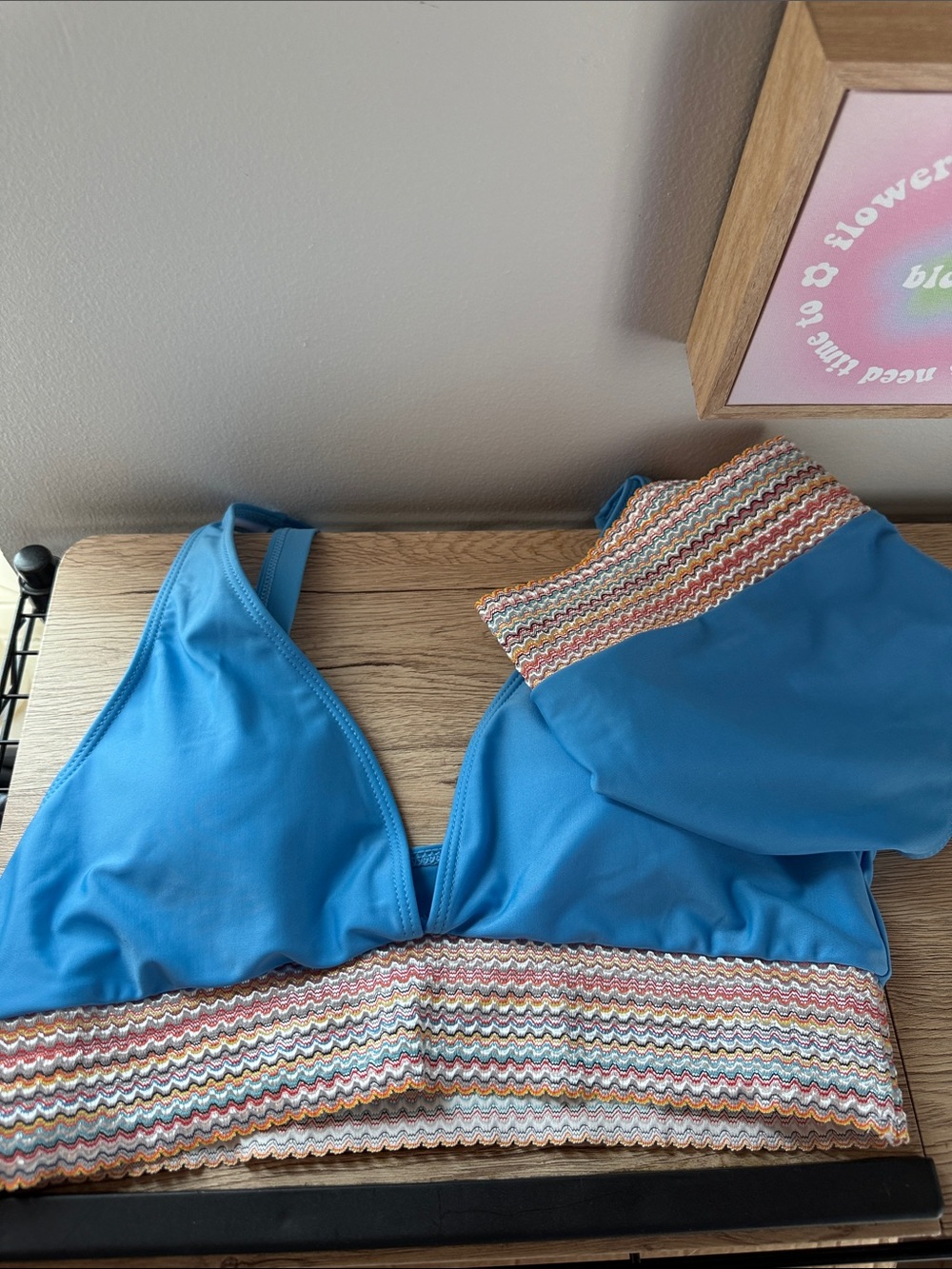Blue Bikini Set with Multicolor Crochet Trim